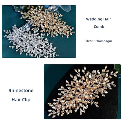 Rhinestone Leaf Wedding Hair Comb, Sparkly Bridal Hair Piece Accessories for Bride Bridesmaid Party Prom (Champagne) - color: Champagne