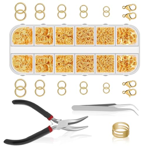 1200 Pcs Jump Rings for Jewelry Making, Open Jump Rings with Pliers, Tweezer and Lobster Clasps for Necklace Repair and Bracelet Making (Gold) - color: Gold
