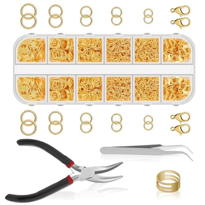 1200 Pcs Jump Rings for Jewelry Making, Open Jump Rings with Pliers, Tweezer and Lobster Clasps for Necklace Repair and Bracelet Making (Gold) - color: Gold