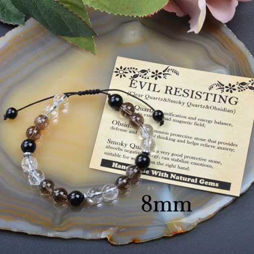 468Handmade Adjustable Natural Gemstone Crystal Bracelet Healing Power Energy Inspirational Gifts with Card for Unisex - color: 19-EVIL RESISTING(Clear Quartz&Smoky Quartz&Obsidian), size: 8mm