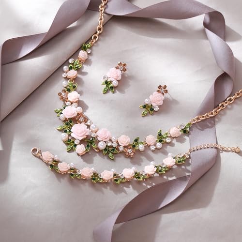EVER FAITH Costume Jewelry Crystal Simulated Pearl Rose Flower Leaf Prom Party Statement Necklace Earrings Bracelet Set for Women - color: Light Pink Gold-Tone