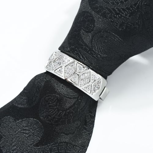 Sparkling Crystal Men's Neck Tie Ring Tie Clasp Necktie Clips Holder Tie Accessories with Box for Wedding Jewelry Gift - style: Silver Clips with Rhombus Pattern