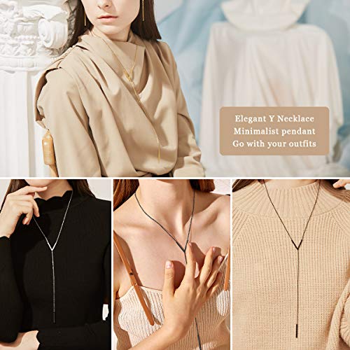 FOCALOOK Long Necklaces for Women, 14K Gold Plated Lariat Drop Bar Pendant | Hypoallergenic, 28"-30" Long Y-Shaped Chain, Layered Look, Minimalist Trendy Jewelry, Pairs Perfectly with V-Necklines - color: 02: V-Shape Silver
