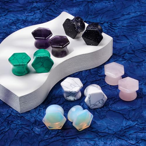 YOFANST 6 Pairs Natural Stone Ear Plugs Hexagon Double Flare Saddle Ear Gauges Piercing Earrings 2g-5/8 inch - color: 5/8"(16mm)