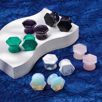 YOFANST 6 Pairs Natural Stone Ear Plugs Hexagon Double Flare Saddle Ear Gauges Piercing Earrings 2g-5/8 inch - color: 00G(10mm)
