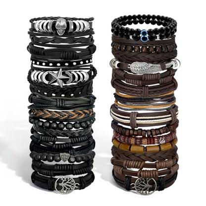 31Pcs Braided Leather Bracelets for Men Women Punk Wrap Wood Beads Bracelets Adjustable Hemp Cords Ethnic Tribal Handmade Wrap Wristband Punk Gothic Evil Eye Skull Skeleton Bracelet