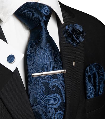 JEMYGINS Mens Paisley Tie and Pocket Square,Lapel Pin,Cufflinks,Tie Clip Sets with Gift Box 5PCS - color: Navy Blue
