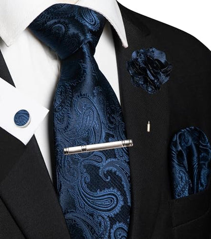 JEMYGINS Mens Paisley Tie and Pocket Square,Lapel Pin,Cufflinks,Tie Clip Sets with Gift Box 5PCS - color: Navy Blue