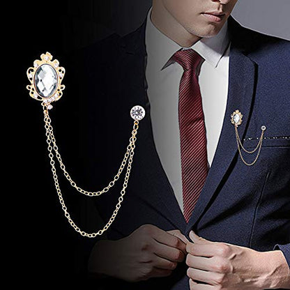 Huture 2 Packs Men's Gem Brooch Lapel Pin Badge Hanging Chains Collar Brooches Pin for Career Suit Tuxedo of Shirts Tie Hat Scarf for Boyfriend Father Birthday Gift, Gold Silver White