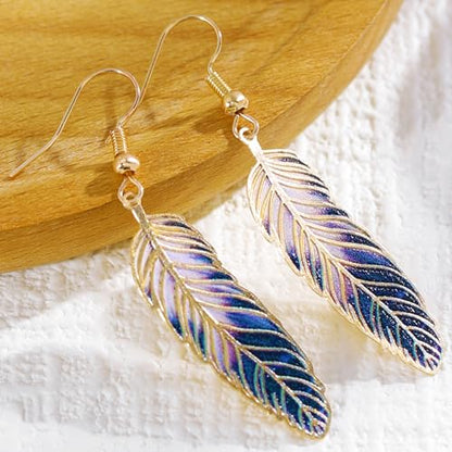 Bohemian Colorful Feather Drop Earrings for Women,Fashion Gradient Leaf Danging Earring Lightweight Hook Shaped Statement Jewelry - color: color C