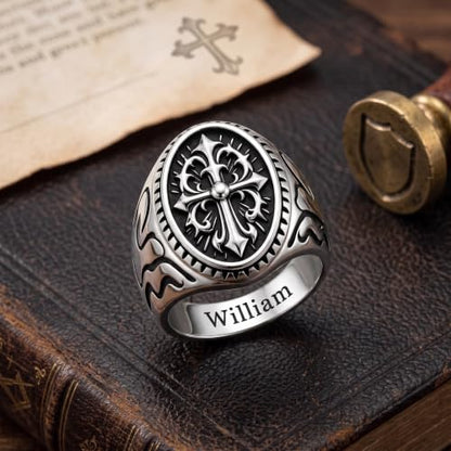 Dacc & Aya Custom Engraved Vintage Signet Ring 925 Sterling Silver Black Oxidized Personalized Statement Jewelry for Men - style: D-Cross