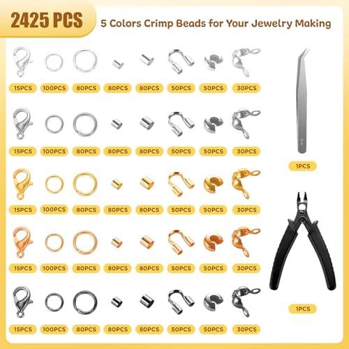 2425pcs Crimp Beads Jewelry Making Kit, Funtopia Crimp Tubes, Crimp Covers | Wire Guards, Lobster Clasp, Jump Ring for Bracelet Earring Necklace Making DIY Jewelry Repair Kit Supplies