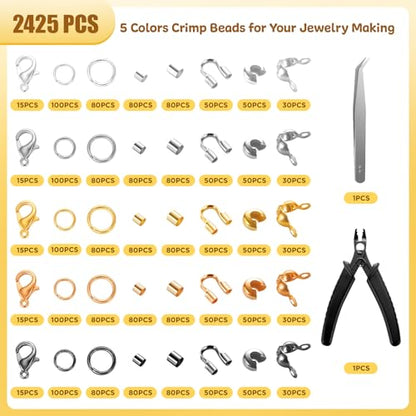 2425pcs Crimp Beads Jewelry Making Kit, Funtopia Crimp Tubes, Crimp Covers | Wire Guards, Lobster Clasp, Jump Ring for Bracelet Earring Necklace Making DIY Jewelry Repair Kit Supplies