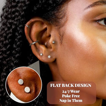 Flat Back Stud Earrings Cartilage Earrings for Women Men Hypoallergenic Threadless Flat Back Earring Surgical Steel Earring Tragus Helix Labret Lip Medusa Conch Body Piercing Jewelry - color: Sliver-16G(1.2mm)