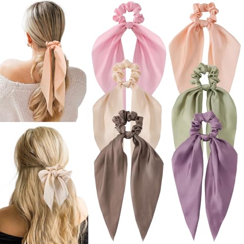 6 PCS Bow Silk Scrunchies, Hair Ties with Bow, Hair Scarf Scrunchies | Knotted Scrunchie Bow for Women, Satin Hair Ribbon Scrunchy Elastic Hair Tie Accessories, Long, Colorful - color: Colorful