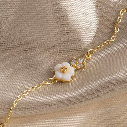 Gold Bracelets for Women Pearl Bracelet 14k Gold/White Gold Plated | Dainty Cubic Zirconia CZ Accented, Bridesmaid Jewelry, Prom Bracelet, Wedding Bracelets for Brides - color: gold-cute flower