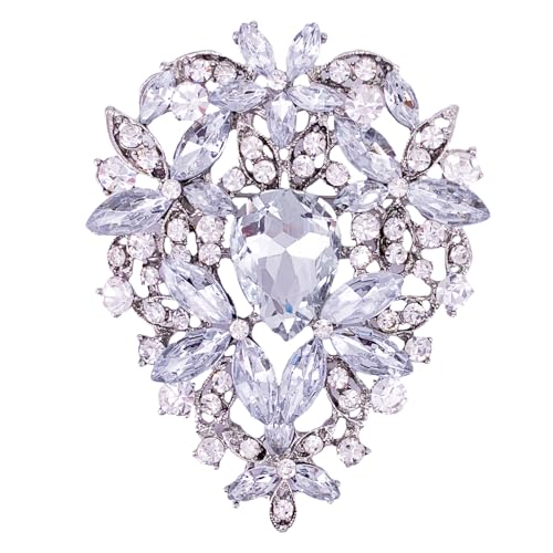 SELOVO Leaf Bouquet Scarf Big Brooch Pin Broach Crystal Jewelry - color: Silver