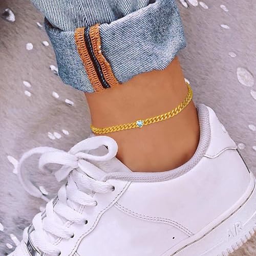 KeyStyle GoldChic Gold Round Heart Ankle Bracelet with Birthstone For Women, 12 Months Sparkling Crystal Anklet Anniversary Jewelry for Her, Birthday Chains for Mother