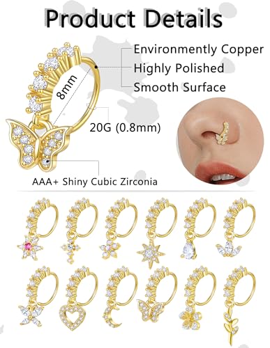 Akeoqi 12Pcs Nose Ring Hoop Cartilage Earring Cute Leaf Star CZ Butterfly Paved Nose Piercing Jewelry for Women men Silver Gold Plated 20G - color: C:Gold Drop
