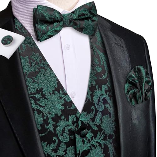 Hi-Tie Silk Mens Suit Vest Tie and Bowtie Lapel Pin Gold Tie Clip Paisley Floral Waistcoat 8PCS Set Tuxedo Wedding Party - color: Black and Green, size: Medium