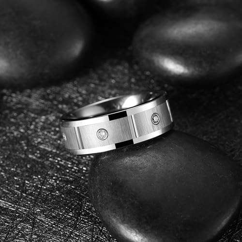 King Will Mens Tungsten Wedding Band with Cubic Zircon Inlay 7mm/8mm Flat Cut Comfort Fit Engagement Rings - color: B-Gunmetal&Silver Inlay-8mm