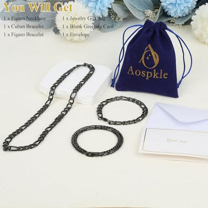 3PCS Figaro Necklace Bracelet Cuban Bracelet, Silver Gold Black Sturdy 316L Stainless Steel Cuban Link Figaro Chain for Men Jewelry Set with Gift Message Card 8mm, 7/8/9 Inches - color: Black, size: Bracelet width:8 inches