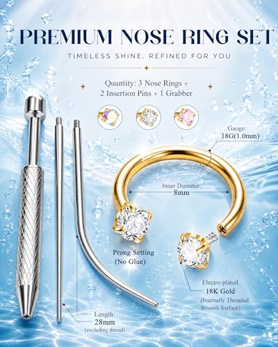 Sanfenly 18G Horseshoe Nose Ring for Women Surgical Steel Nose Rings Hoops | Hypoallergenic Nose Piercings Jewelry, Septum Rings Hoop Studs Tragus Earrings Helix Cartilage Lip Ring - color: Gold Plated-3pcs-6/8/10mm