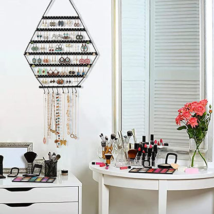 Hexagon Metal Hanging Earring Organizer,Hold 120 Pairs of Earrings | Earring Holder Wall Mounted,Hanging Wall Jewelry Holder Organizer for Earring Stud Hoop Dangle Bracelet Necklace - color: Black