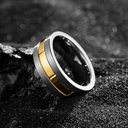 King Will Classic Mens 、Tungsten Carbide Rings Brick Pattern Groove Center | Silver/Black/Gold/Rose Gold, 8mm, Grooved, Comfort Fit, Brick pattern, Everyday Wear - color: C-Silver & Gold