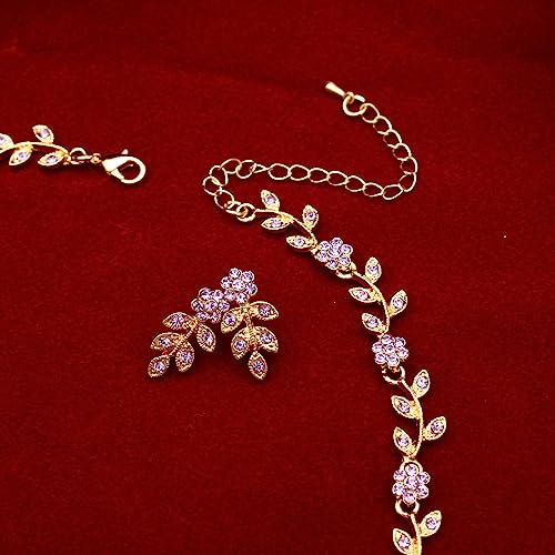 Austrian Crystal Rhinestone Choker Necklace Dangle Earring Link Bracelet Jewelry Set for Brides Bridesmaid Prom Costume Accessories for Women - color: En001-Violet-Gold Plated