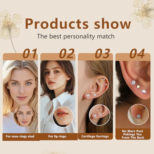 15Pcs 20G/18G/16G Flat Back Push in Stud Earrings 316L Surgical Stainless Threadless nose rings Medusa Piercing Jewelry Hypoallergenic Labret Studs Lip Rings ring for Women Men Be Equipped With Ball Grabber Tool - color: Silver, size: 20G(0.8MM)