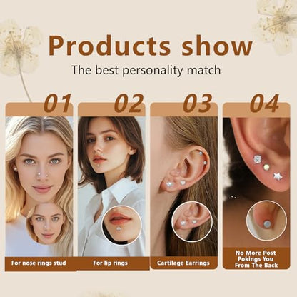 15Pcs 20G/18G/16G Flat Back Push in Stud Earrings 316L Surgical Stainless Threadless nose rings Medusa Piercing Jewelry Hypoallergenic Labret Studs Lip Rings ring for Women Men Be Equipped With Ball Grabber Tool - color: Silver, size: 20G(0.8MM)