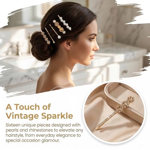 16Pcs Bobby Pins for Women Cute Rhinestone & Pearl Decorative Hair Clips Gold Hair Barrettes, Hair Accessories for Everyday Fashion Style & Party (16, Gold)