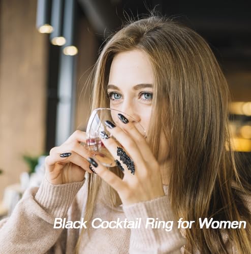 Black Rhinestone Crystal Cocktail Statement Ring for Women Gothic Jewelry | Adjustable Free Size, Costume knuckles rings, Wrap Design, Hypoallergenic, for Wedding Gala Prom Party Anniversary