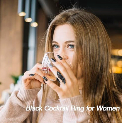 Black Rhinestone Crystal Cocktail Statement Ring for Women Gothic Jewelry | Adjustable Free Size, Costume knuckles rings, Wrap Design, Hypoallergenic, for Wedding Gala Prom Party Anniversary