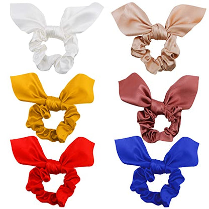 Jaciya Hair Scrunchies Silk Bow Scrunchies Cute Bunny Ear Hair Ties | 6 Pack Bow Hair Scrunchy Bands Elastic Satin Hair Ties with Bow Gentle Accessories for Sleep Work Everyday Hairstyling - color: Champaign/White/Yellow/Maroon/Red/Blue