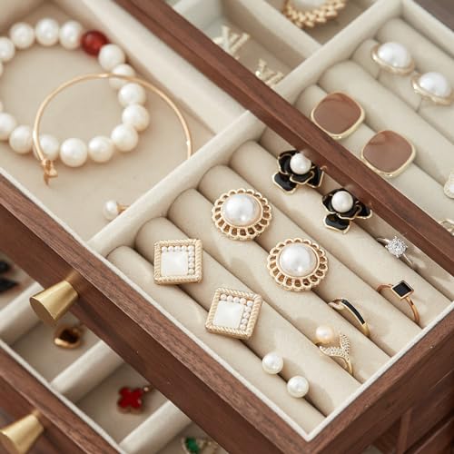 Black Walnut Wooden Women Jewelry Box with Glass Lid, 4 Layer | Large Drawer Jewelry Organizer,Velvet-Lined, For Necklaces, Watch, Ring, Earring, Ideal Gift for Her - style: 4 Layer A