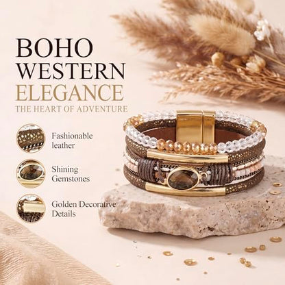 Edoneery Leather Wrap Bracelets for Women, Boho Layered Cuff Bangle | Multi-layer Leather Cuff, Daily wear, Stackable Bangle, Easy on-off, Western Jewelry Gifts for Women - color: Brown-2