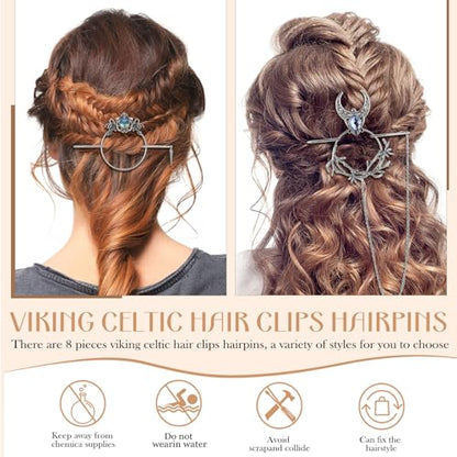 WILLBOND 8 Pcs Viking Celtic Hair Clips Vintage Celtic Knot Hair Slide Sticks Retro Silver Alloy Barrette Hairpins Viking Jewelry Accessories for Women Girls Scarf Sweater Gifts(Gemstone) - style: Gemstone