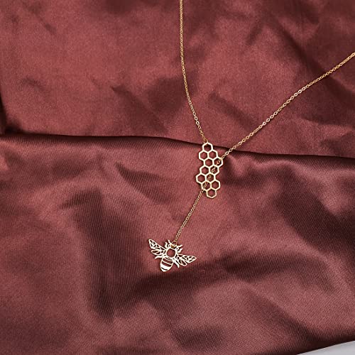 18K Gold Plated Stainless Steel Bee Honeycomb Pendant Necklace, Adjustable Y Lariat Conch/Guitar/Horseshoe Necklace for Women - color: Gold, style: Bee