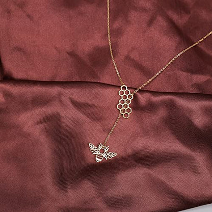 18K Gold Plated Stainless Steel Bee Honeycomb Pendant Necklace, Adjustable Y Lariat Conch/Guitar/Horseshoe Necklace for Women - color: Gold, style: Bee