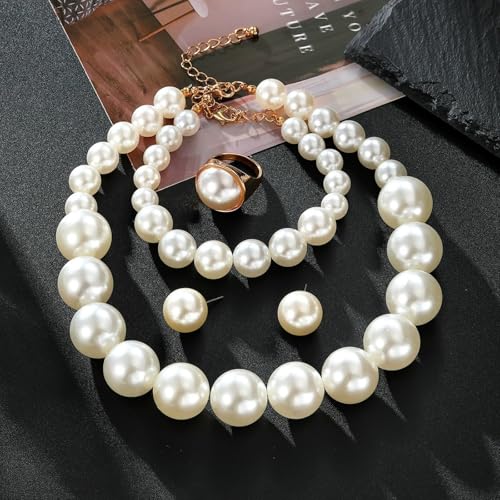 Large Big Simulated Pearl Adjustable Chain Necklace Bracelet Dangling Earrings Ring for Women Jewelry Set Imitation Dainty Elegant Wedding Party Birthday - color: white