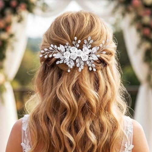 Unicra Flower Bride Wedding Hair Comb Leaf Silver Bridal Headpiece Pearl Hair Accessories Crystal Hair Piece Jewelry for Women (A Silver) - color: A Silver