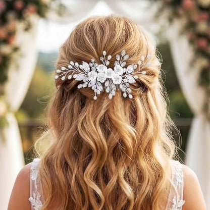 Unicra Flower Bride Wedding Hair Comb Leaf Silver Bridal Headpiece Pearl Hair Accessories Crystal Hair Piece Jewelry for Women (A Silver) - color: A Silver