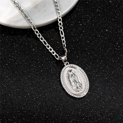 14K Gold Plated Guadalupe Virgin Mary Oval Pendant Necklace for Women Men Zircon Inlay Virgin Mary 3mm Flat Figaro Chain Necklace - color: white, size: chain length:18"