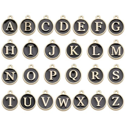 A-Z Letter Charms Round Enamel Alphabet Initial Pendant for Jewelry Making,Double-Side for Necklace Bracelet Earring DIY Craft - color: 1 set(26pcs)-Black
