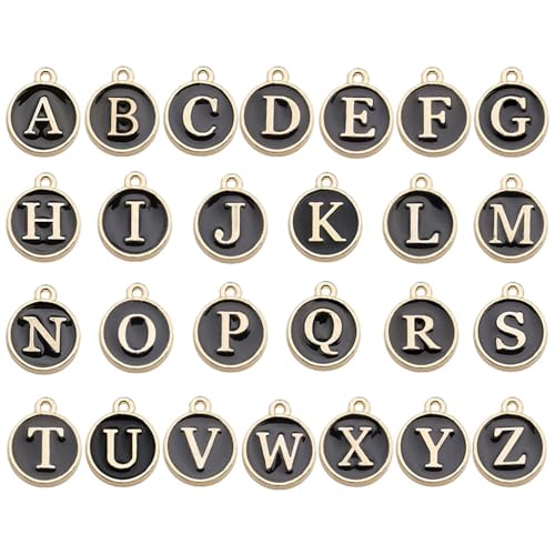 A-Z Letter Charms Round Enamel Alphabet Initial Pendant for Jewelry Making,Double-Side for Necklace Bracelet Earring DIY Craft - color: 1 set(26pcs)-Black