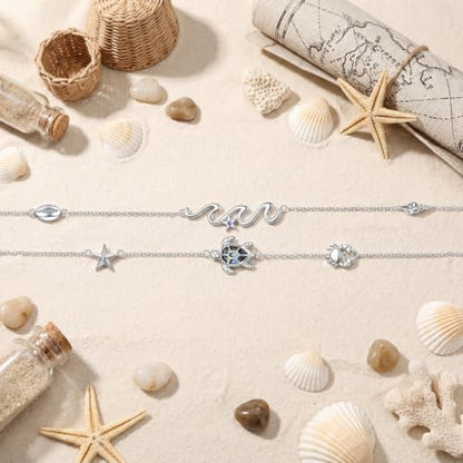FLYOW Sea Turtle Wave Cowrie Shell Layered Anklet Bracelet Sterling Silver | Adjustable 9-11 Inch Natural Abalone Shell Starfish Crab Boho Beach Summer Jewelry, Birthday Holidays Gifts for Women
