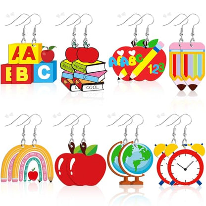 8 Pairs Back to School Acrylic Earrings for Women Dangle Jewelry | Rainbow Pencil Book Earrings, Teacher Appreciation Graduation Gift, School Theme Jewelry, Lightweight Acrylic, Double Side - style: School