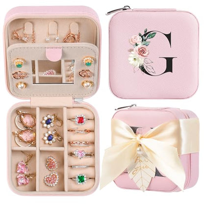 AYGXU Travel Jewelry Box for Women and Girls - Small Case With Initial A-Z - Teacher Gifts - color: pink, size: G